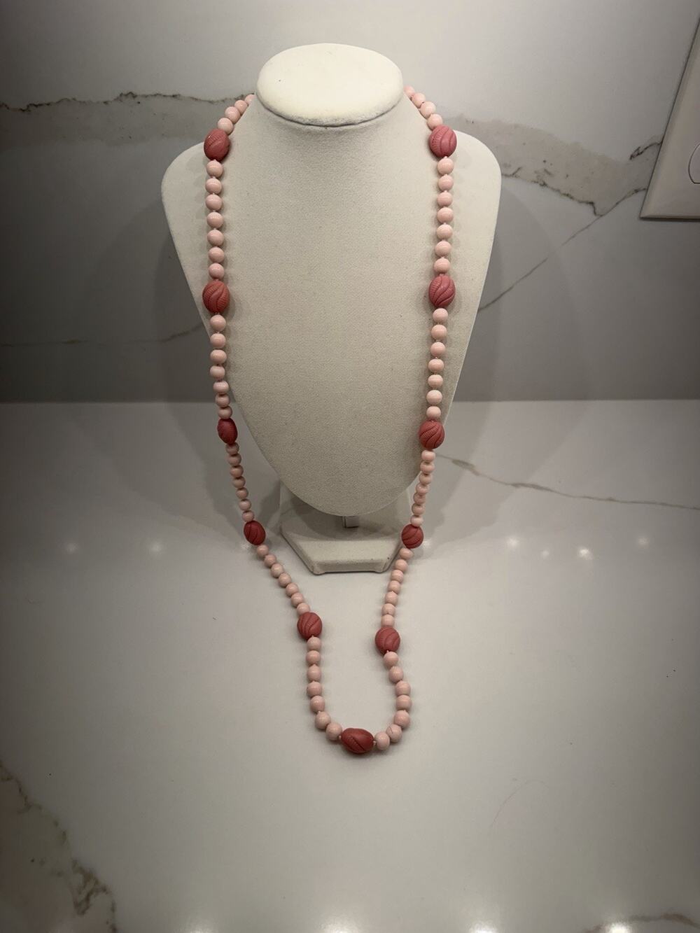 Vintage Pink Beaded Necklace Long Opera Molded Plastic Retro Costume Jewelry